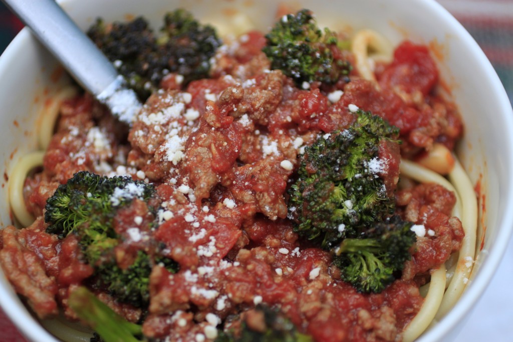 Roasted broccoli spaghetti close-up